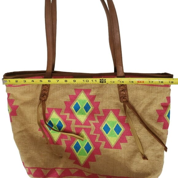 Billabong Boho Tote Beach Bag Southwest Purse Aztec Burlap Lined Hobo Tan Pink - Picture 12 of 16